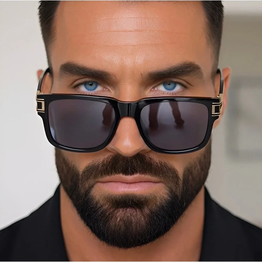 Mens Square Black Sunglasses Gold Metal Accent‎ Luxury Designer Style Shades New